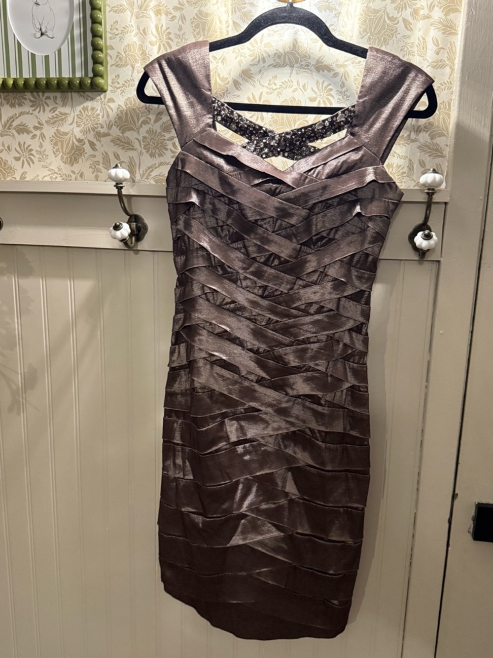Metallic Taupe Sleeveless Midi Bandage Dress with Embellished Yoke